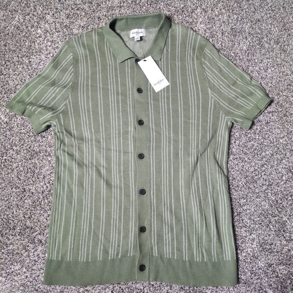 Goodfellow & Co Men Small Short Sleeve Full Button Polo Green Stripe
